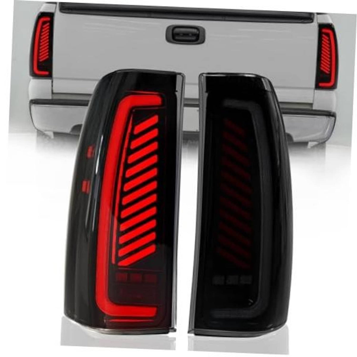 Pair of black tail light housings with red vertical LED bar patterns and clear/reflective lenses