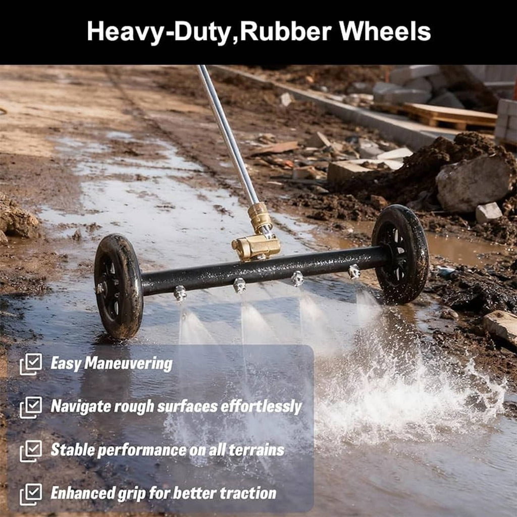 Wheel-mounted undercarriage pressure washer cleaner with rubber wheels spraying water on ground