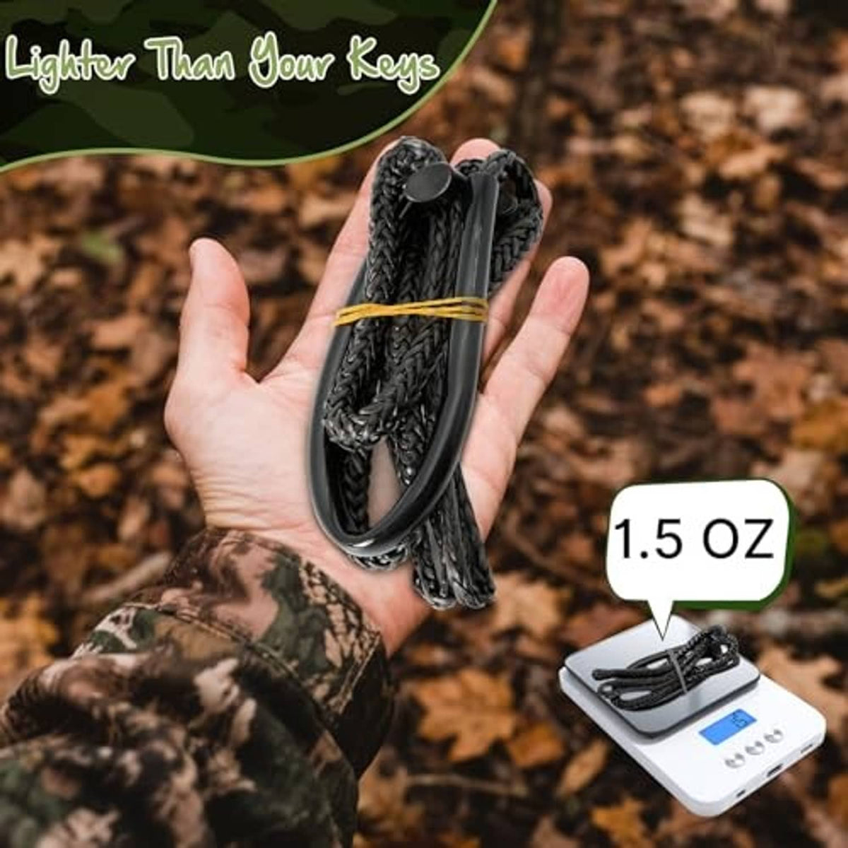 Black woven climbing stick aider strap bundle held in palm