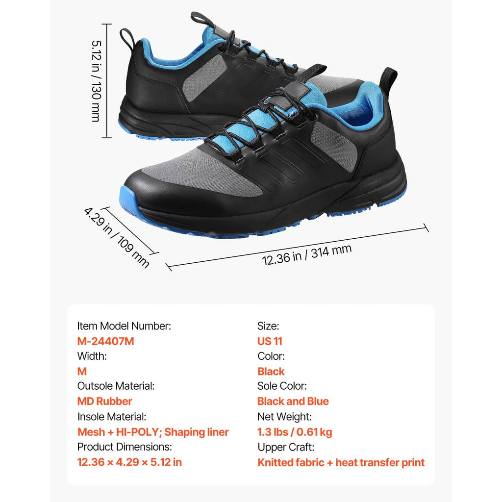 Cross training shoe dimensions view: black upper with gray panels and blue lace accents