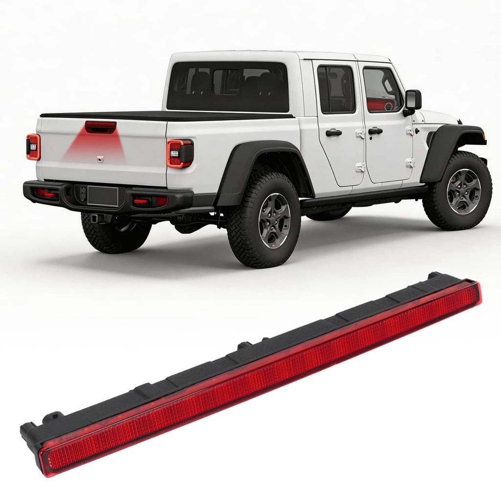 Rectangular red high-mount third brake light bar with black housing, vehicle rear mount