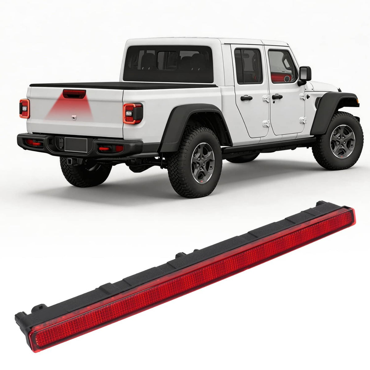 Rectangular red high-mount third brake light bar with black housing, vehicle rear mount