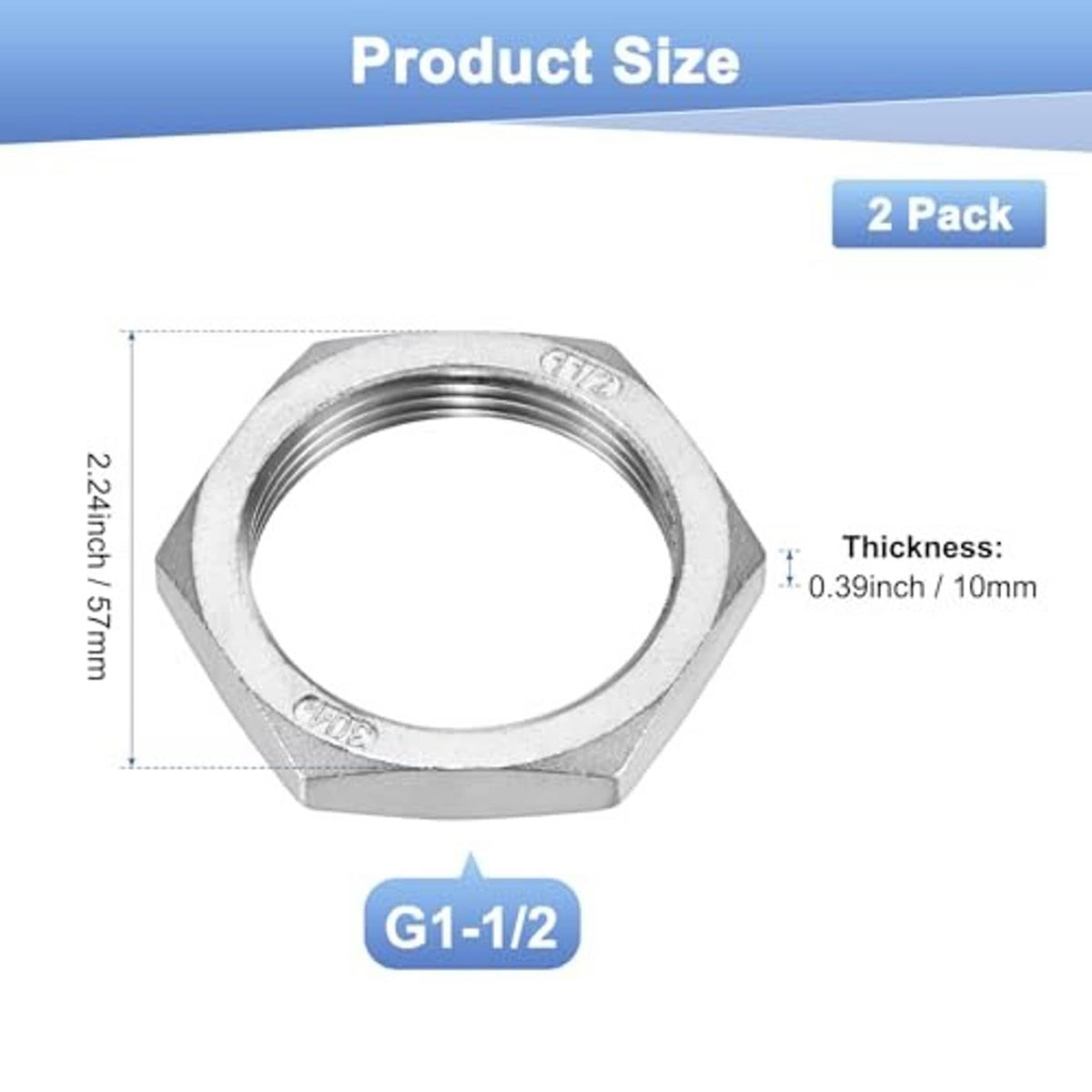 G1-1/2 stainless hex locknut, 2-pack size diagram with thickness 0.39 in / 10mm