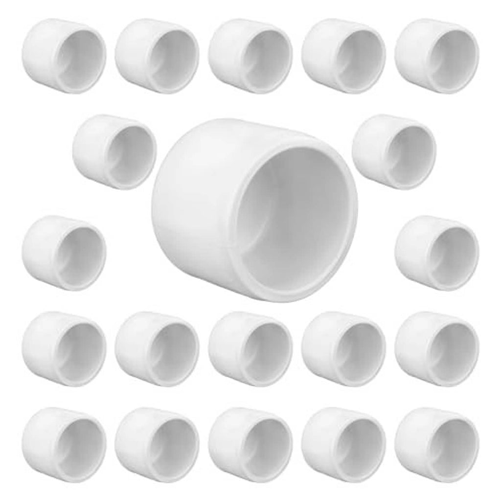 Bulk set of white PVC pipe end plug caps, multiple cylindrical caps with openings