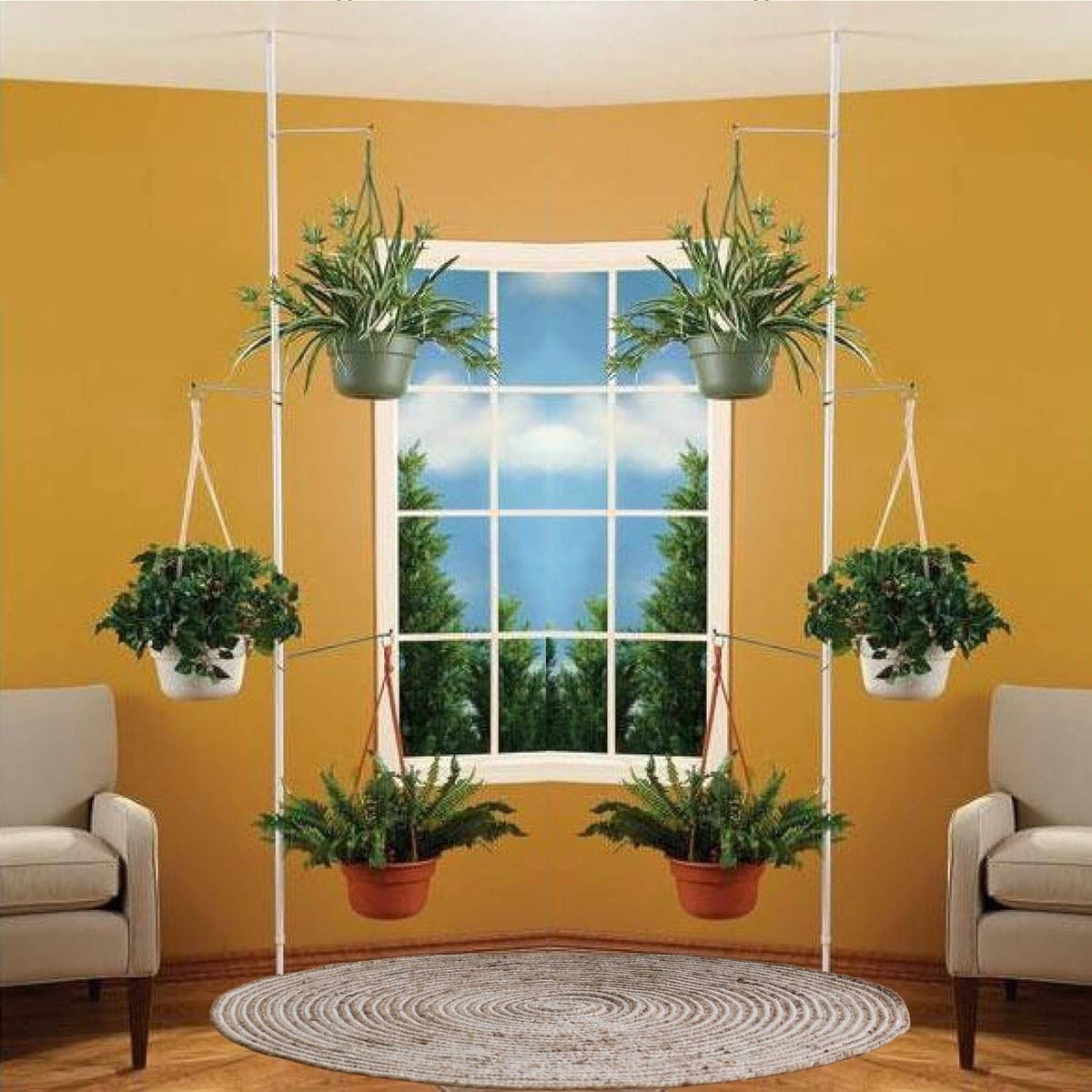 Window-mounted spring tension rod with three adjustable arms and hanging flower pots