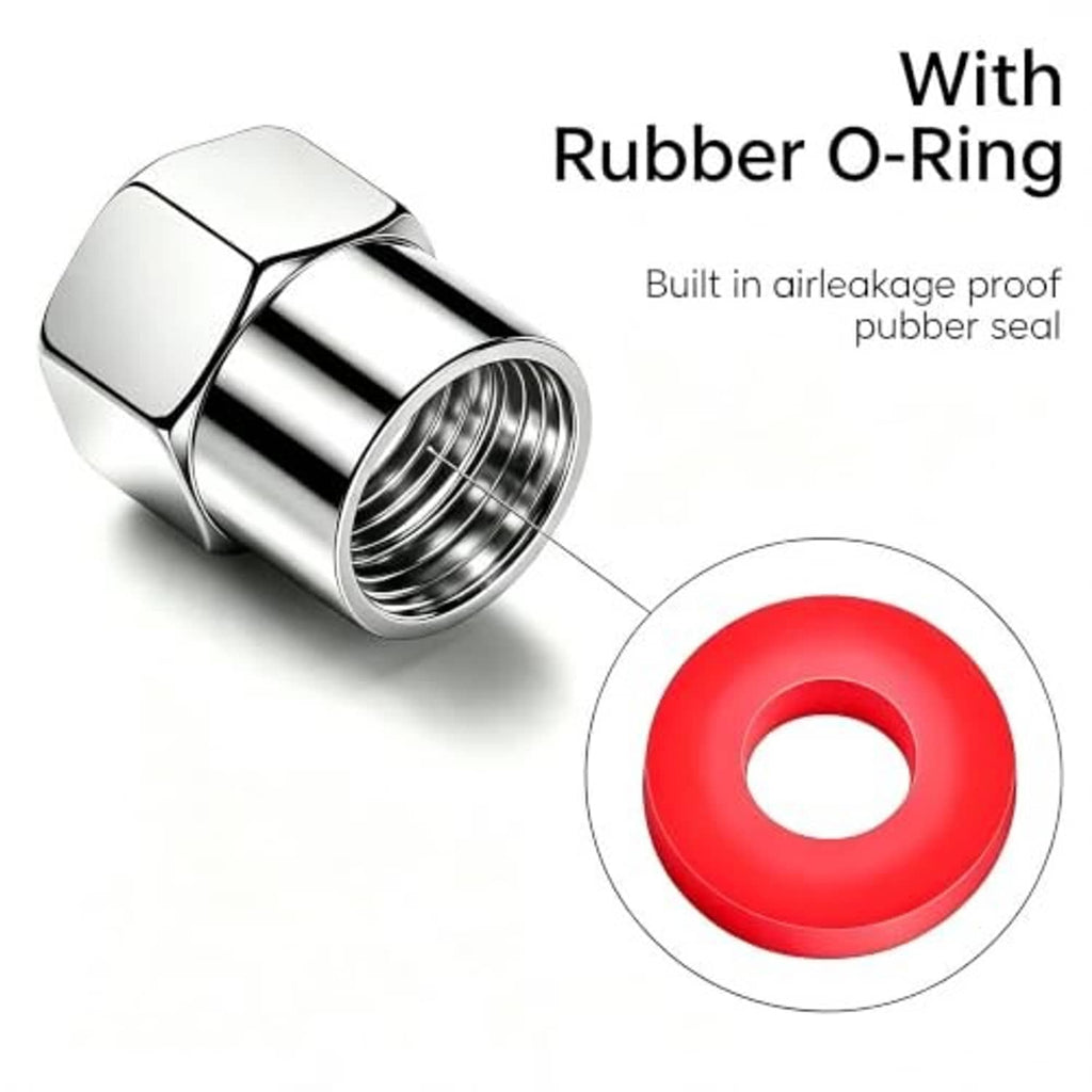 Chrome-style tire valve stem cap with red rubber O-ring seal included