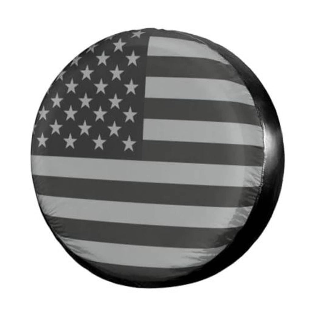 15-inch spare tire cover with American flag stripes and stars, black edge trim