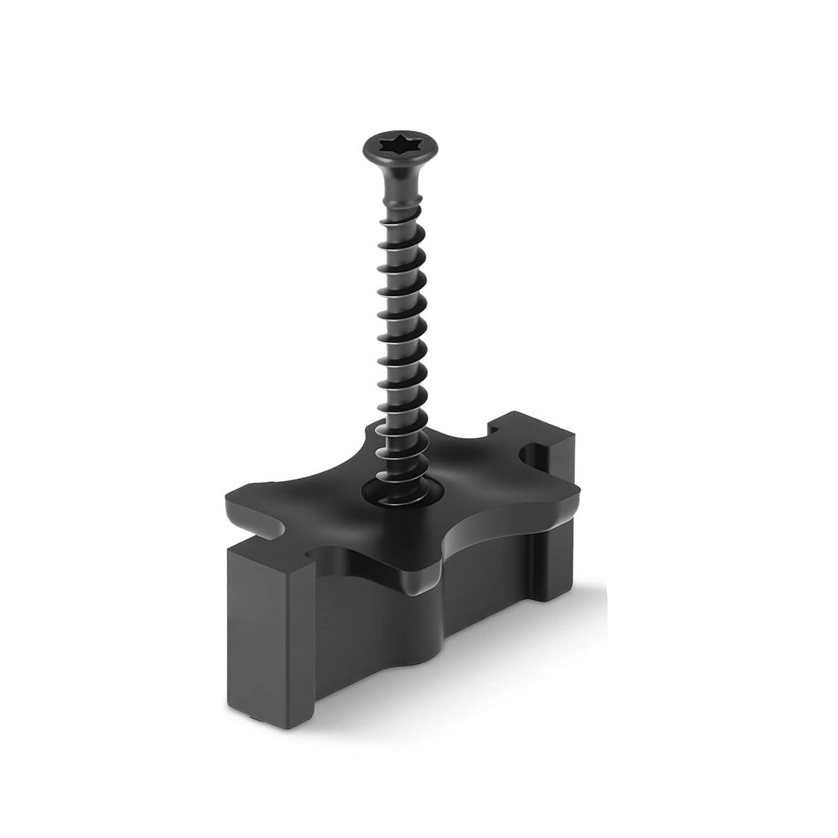 Black universal T-clip for composite decking, with screw through hole