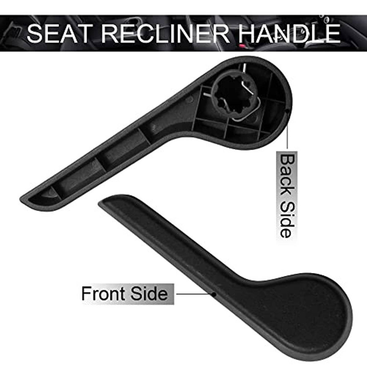 Black seat recliner handle with front-side and back-side views
