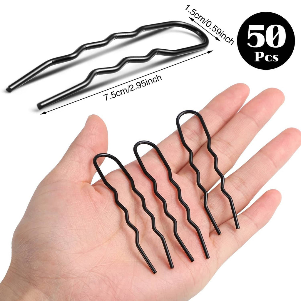 Black 3-inch U-shaped hair pins, pack of 50, shown in an open hand