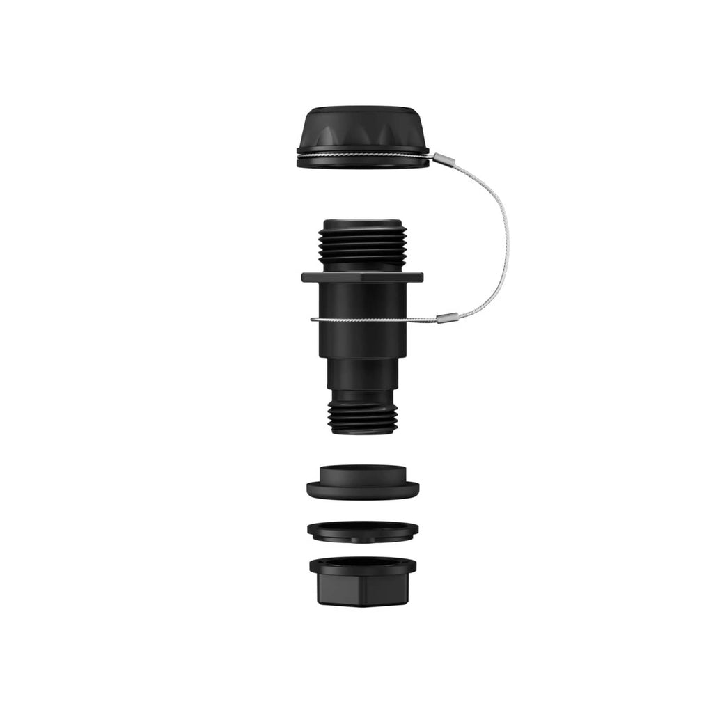 Black cooler drain plug replacement with tether; cap, body, and fittings shown in parts