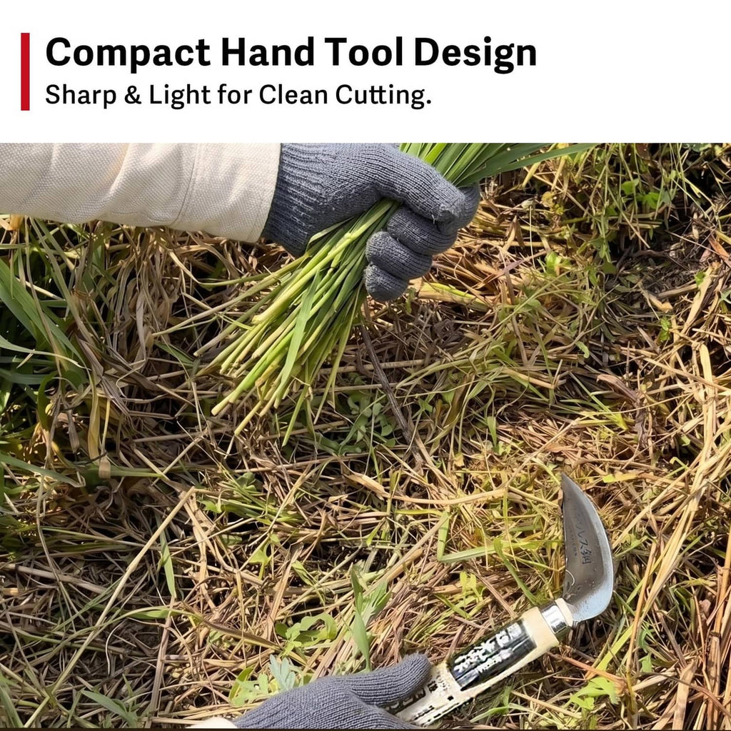 Compact weeding sickle with curved blade held by gray-gloved hands