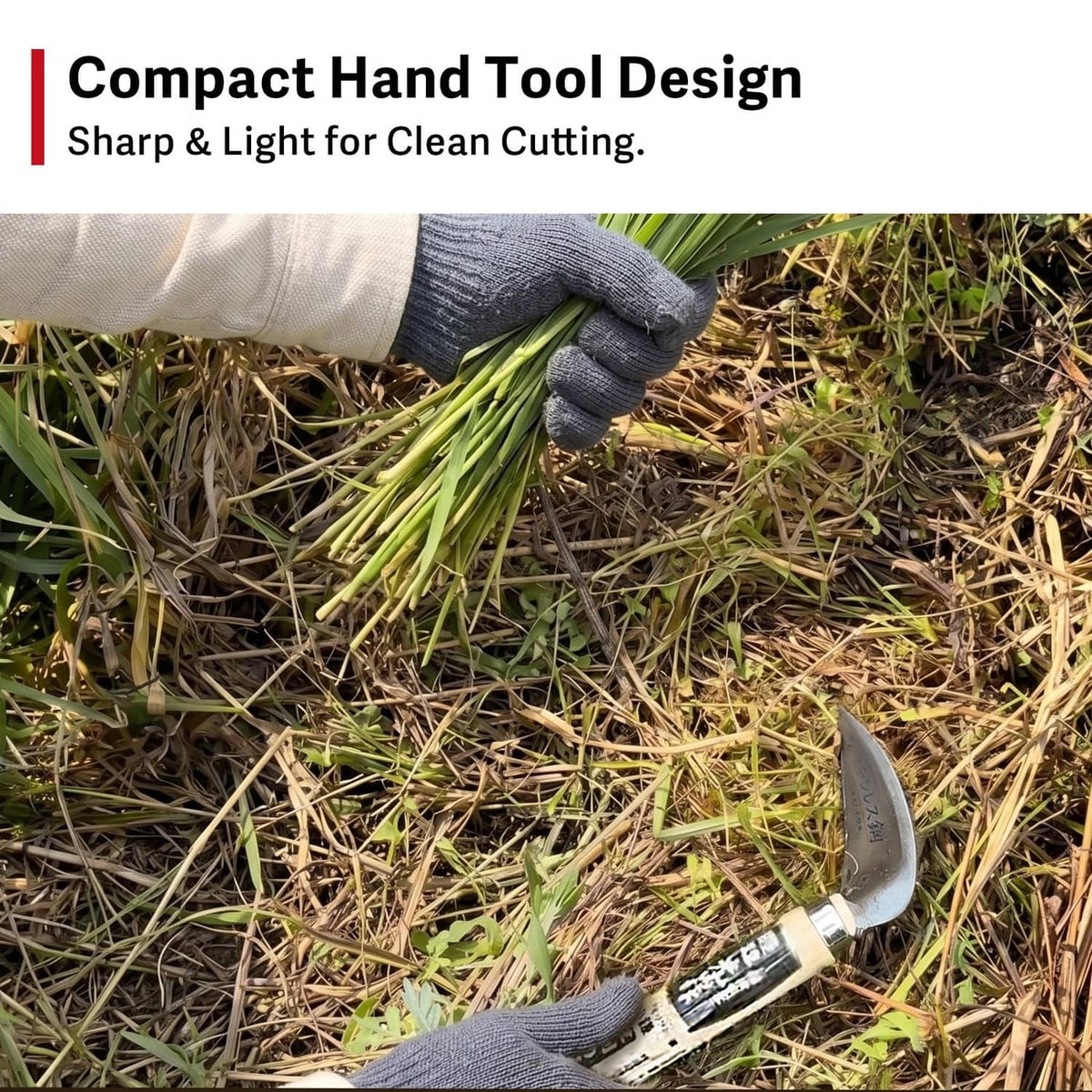 Compact weeding sickle with curved blade held by gray-gloved hands