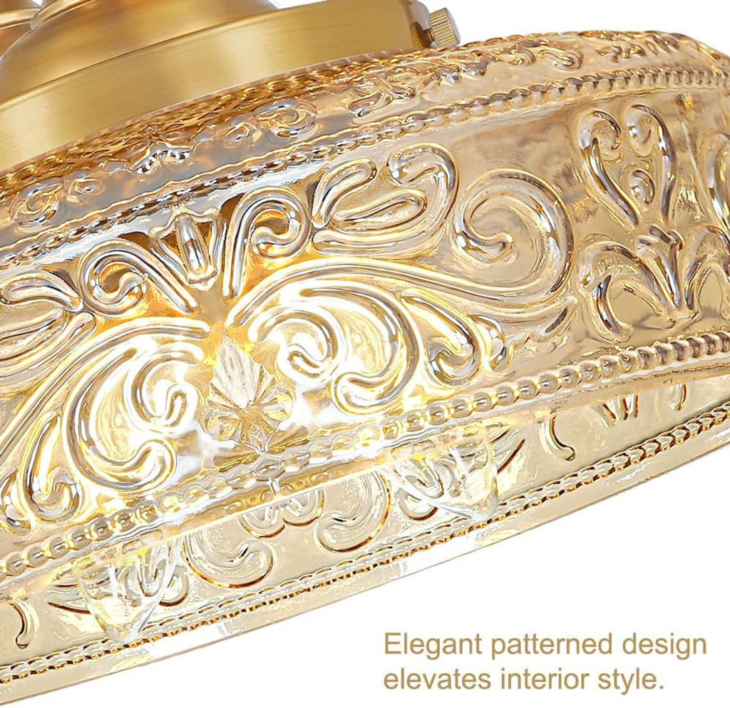 Gold semi-flush ceiling light close-up of ornate embossed glass shade