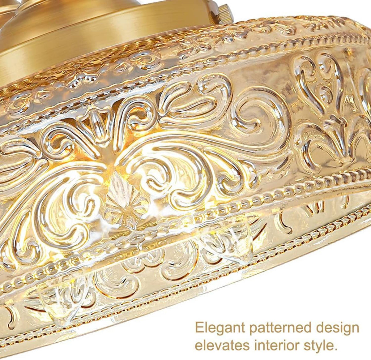 Gold semi-flush ceiling light close-up of ornate embossed glass shade