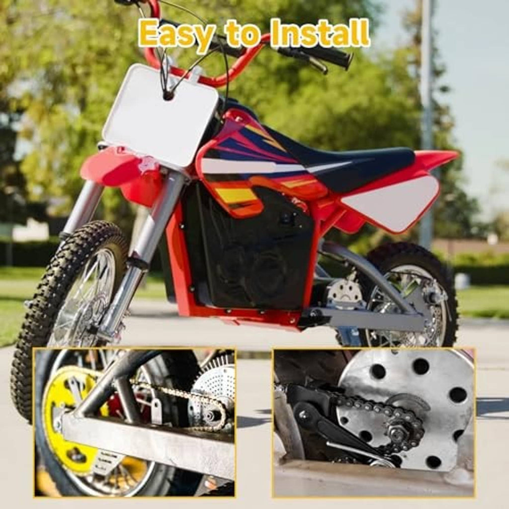Drive chain on a dirt bike, demonstrating chain breaker use during install