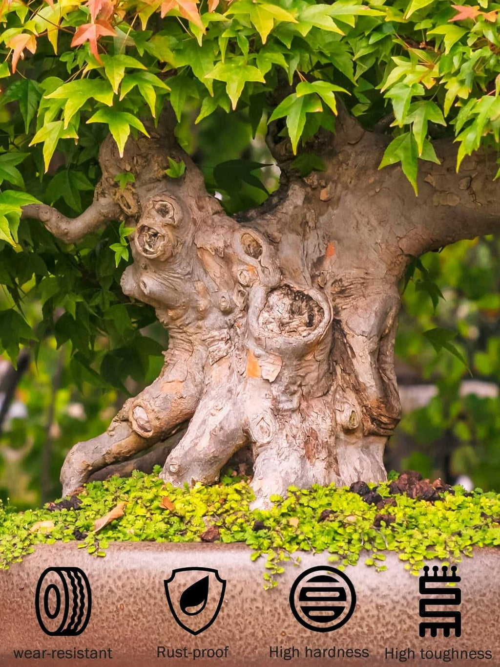 Bonsai branch cutter durability icons: wear-resistant, rust-proof, high hardness