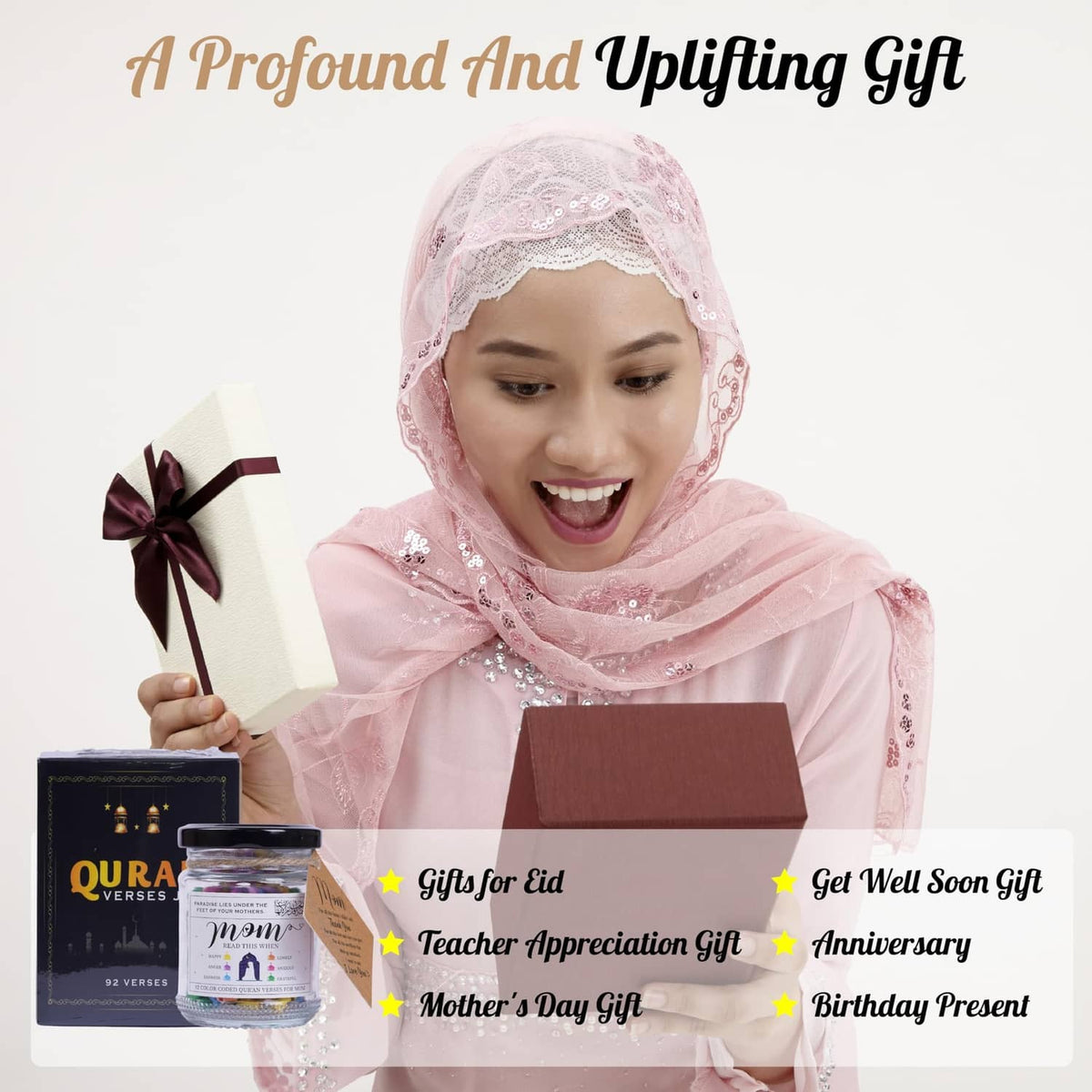 Quran verses jar with dark lid and Mom gift card, plus gift-ready items