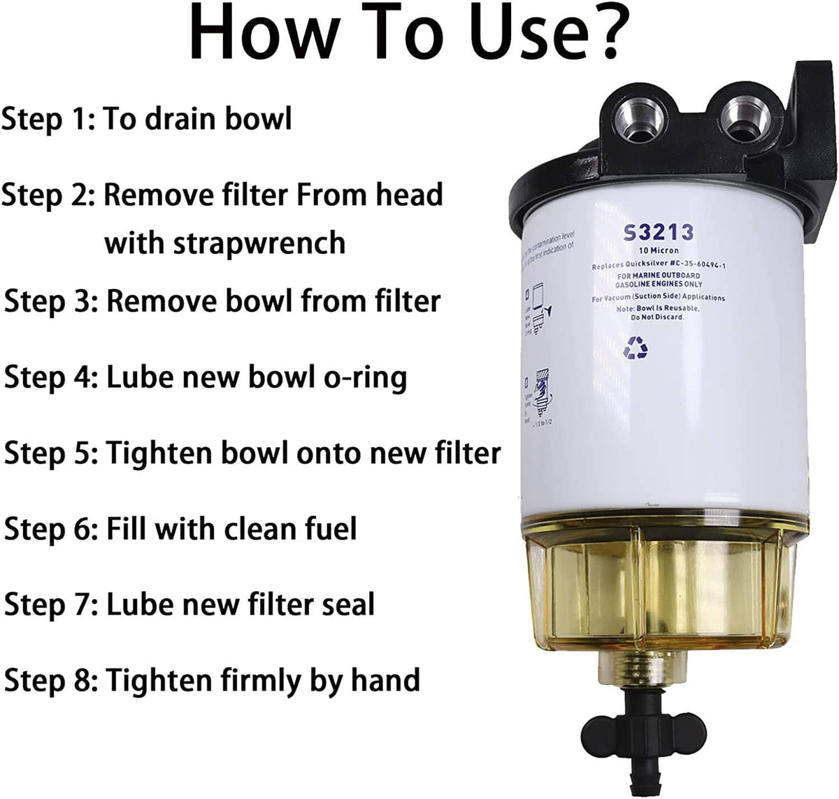 Marine fuel water separator filter with white body, gold bowl, and black drain valve