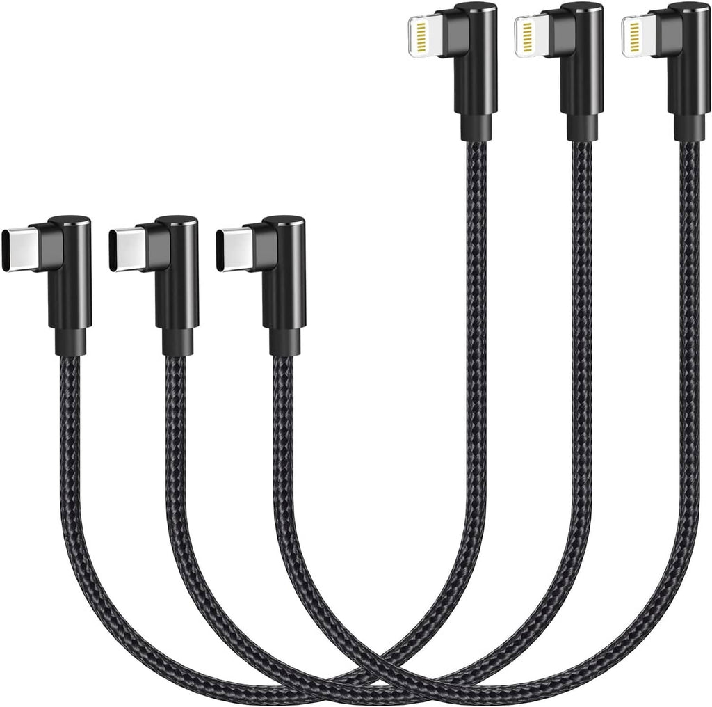 Three black braided right-angle USB-C to Lightning charging cables, 1 ft each