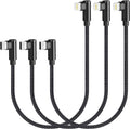 Three black braided right-angle USB-C to Lightning charging cables, 1 ft each