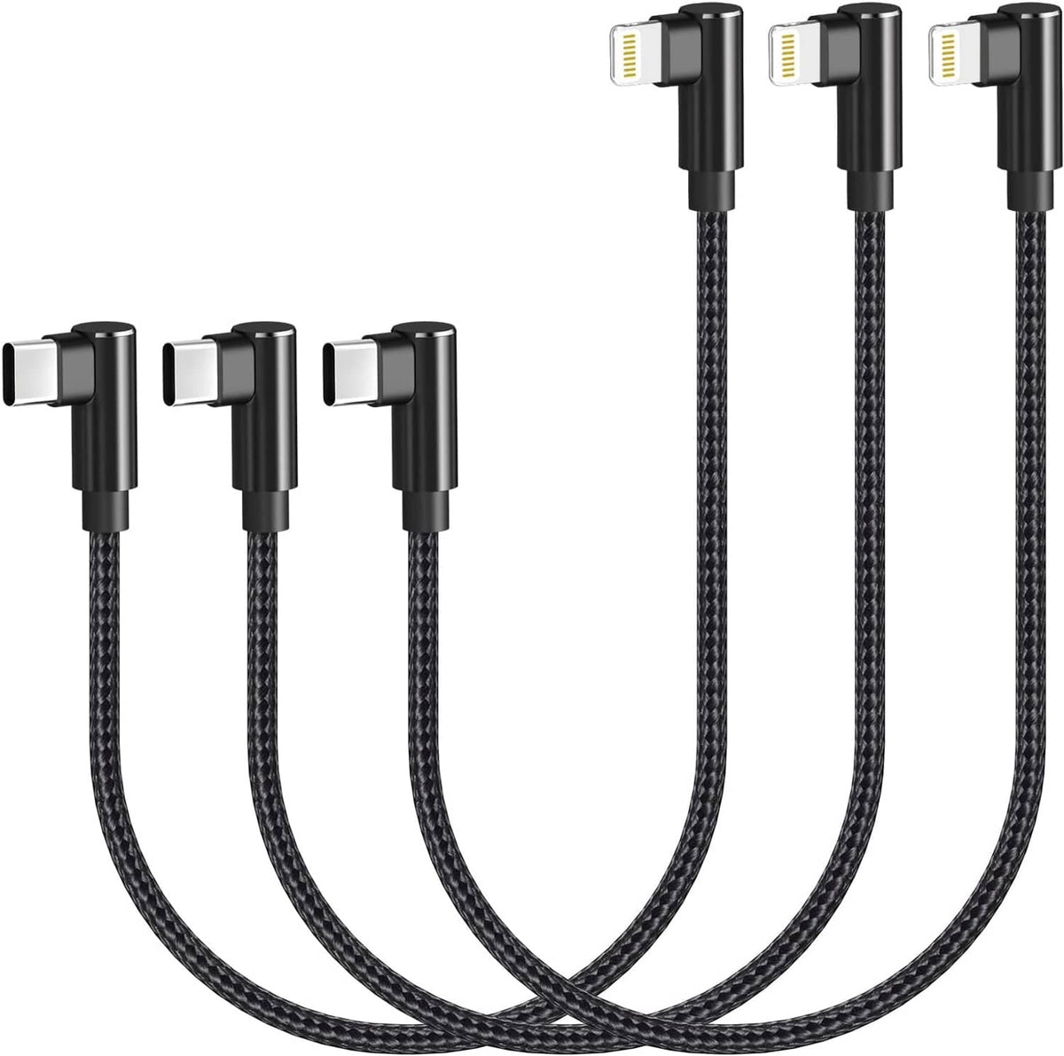 Three black braided right-angle USB-C to Lightning charging cables, 1 ft each