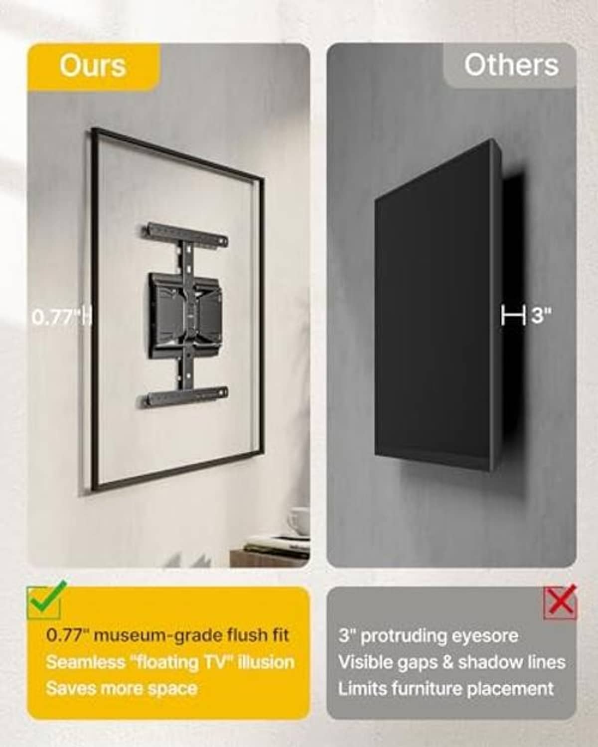 Low-profile TV wall mount designed for flush fit with bracket arms