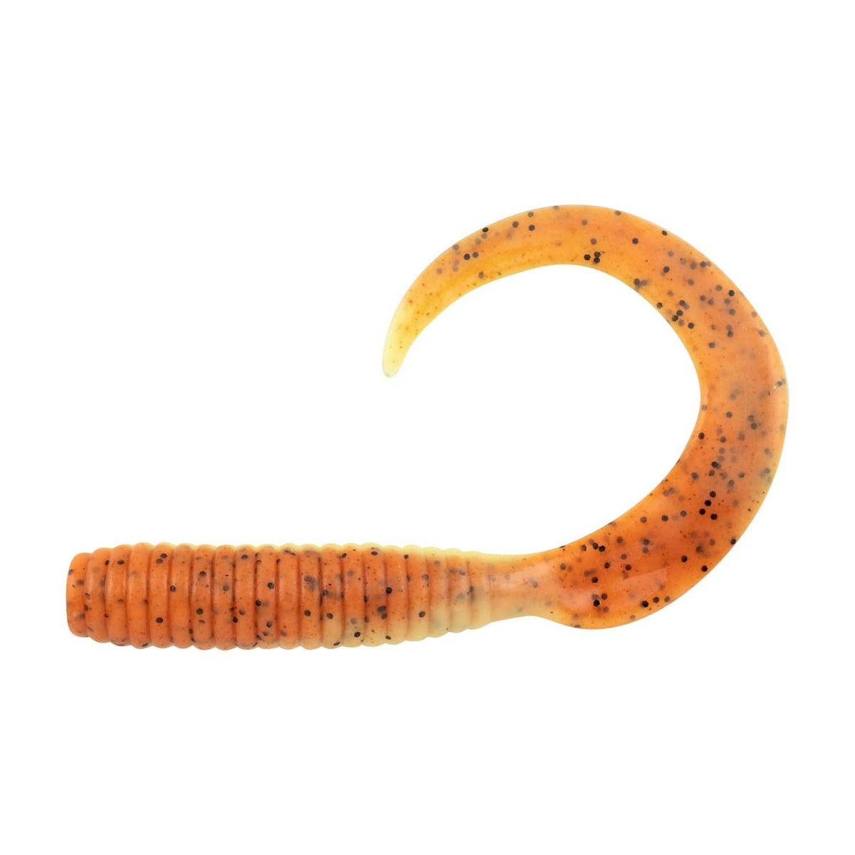 Orange tiger soft plastic worm lure, curled shape with speckled black spots