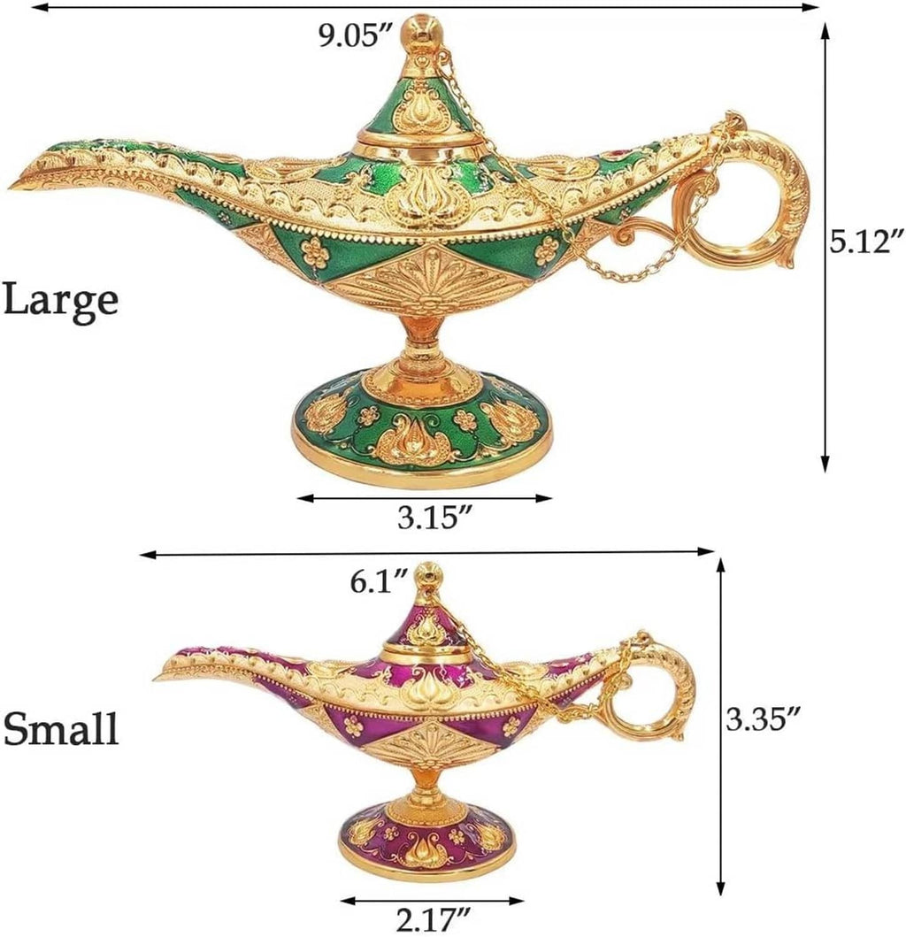 Gold, teal, and purple genie lamp prop with ornate base and curved spout