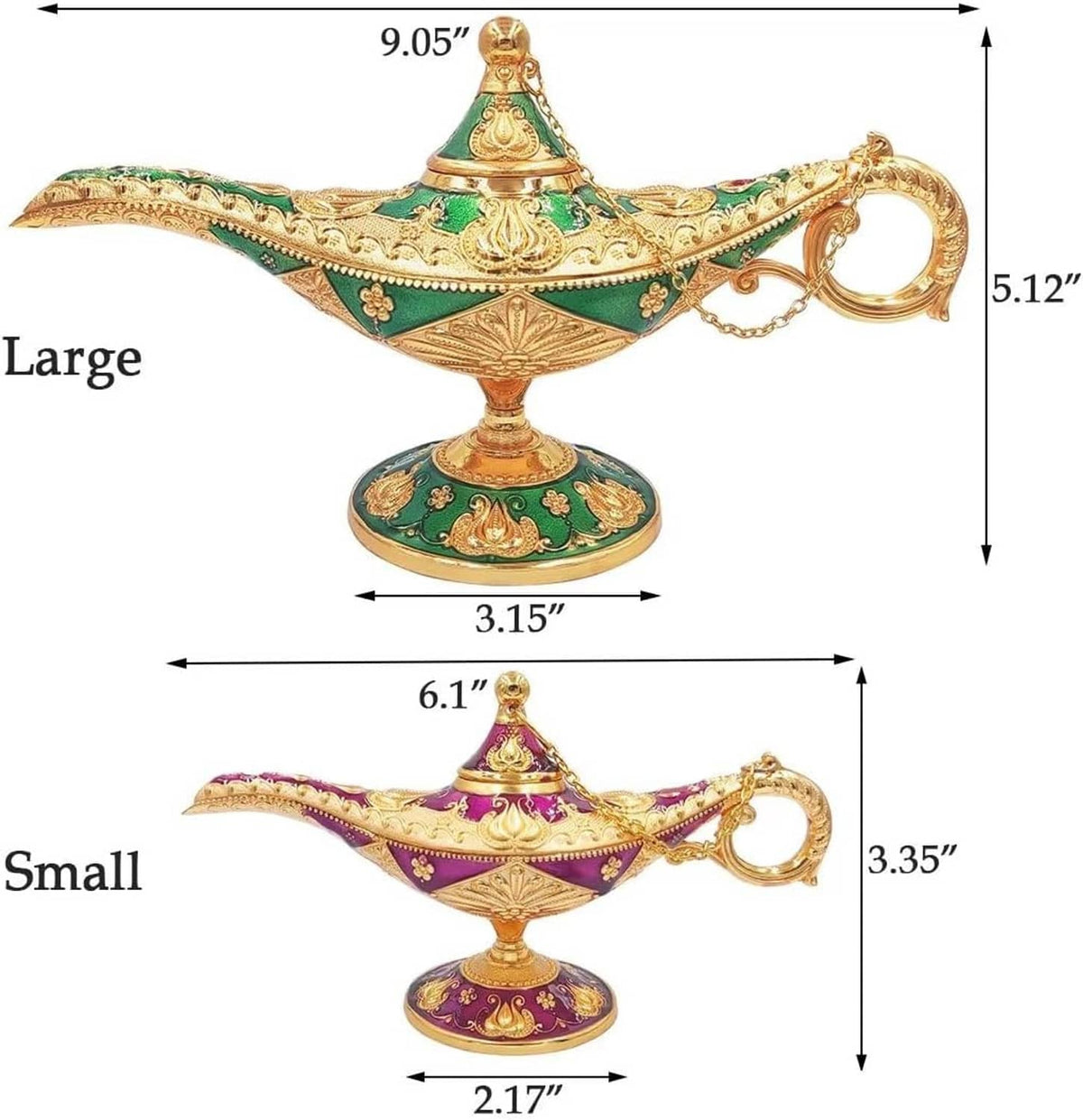 Gold, teal, and purple genie lamp prop with ornate base and curved spout