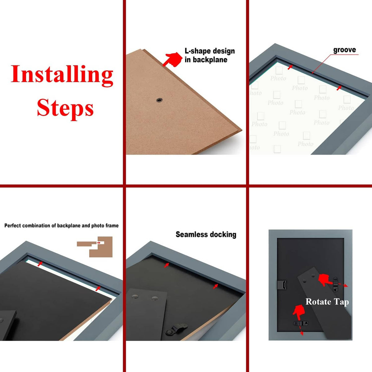 Frame backboard and groove installation detail with rotating mounting tab