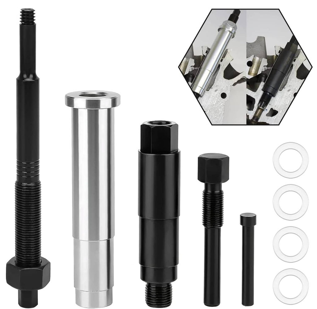 Broken spark plug remover kit with metal extraction rods, threaded screws, and washers