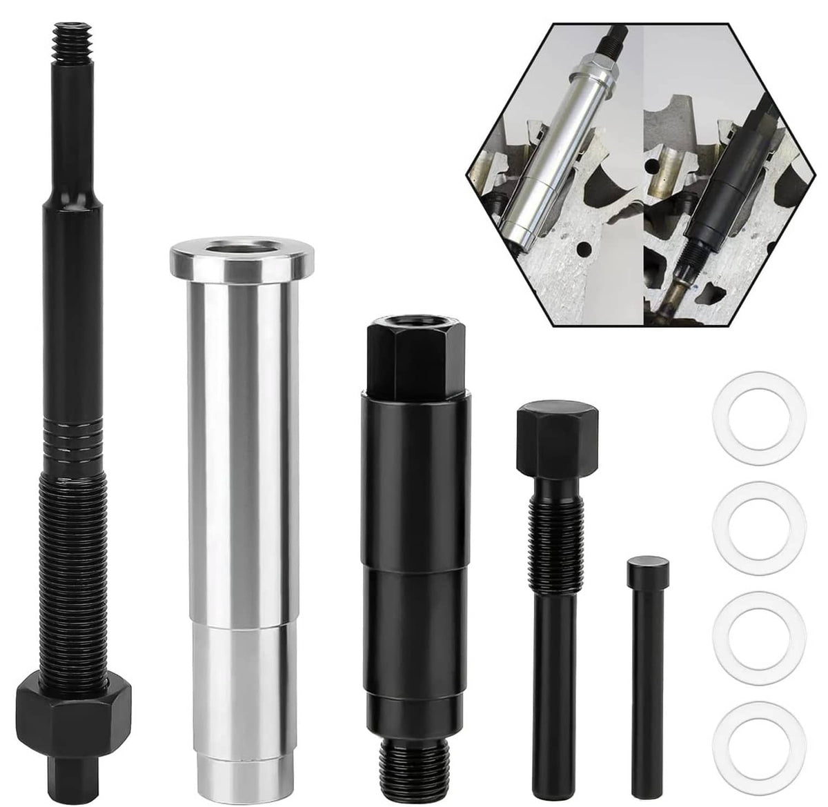 Broken spark plug remover kit with metal extraction rods, threaded screws, and washers