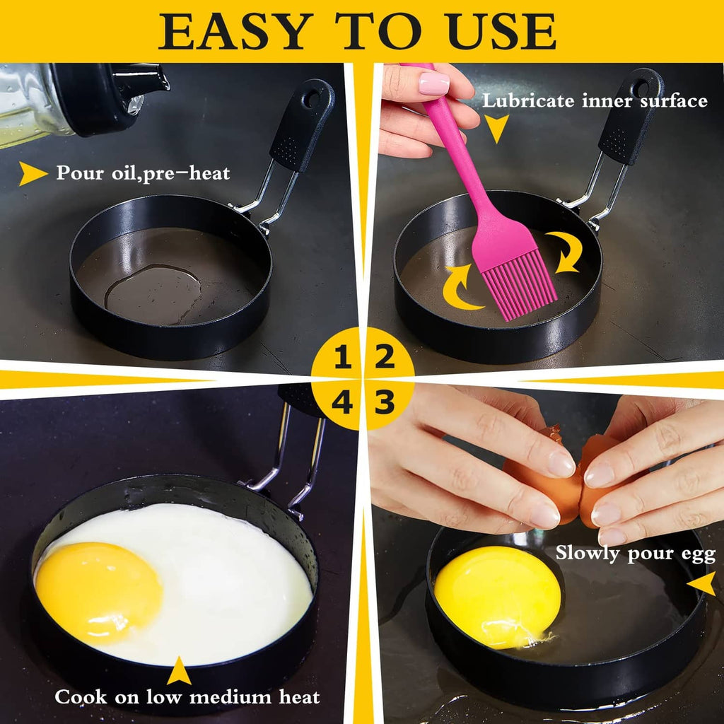 Black egg ring molds with handles for frying eggs, circular and square shapes
