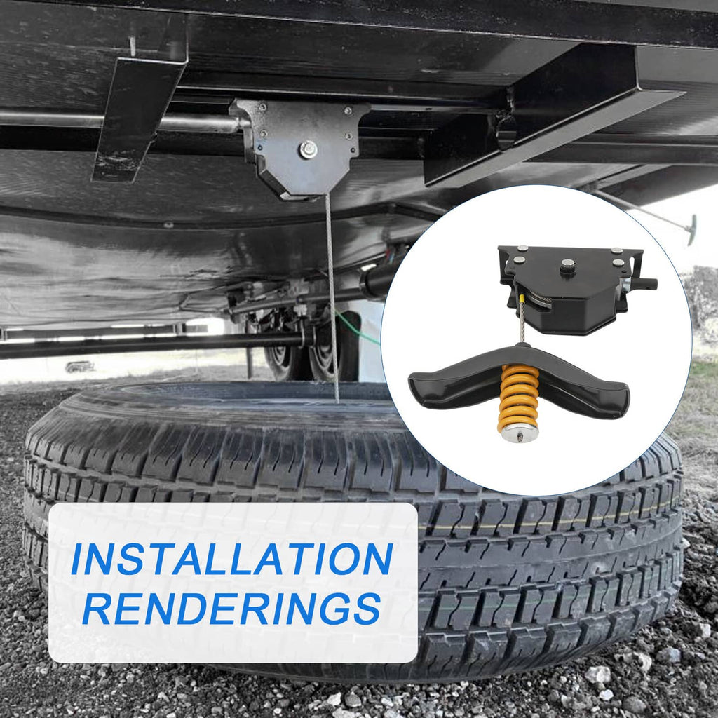 Spare tire winch mounted under trailer chassis with orange coil spring handle
