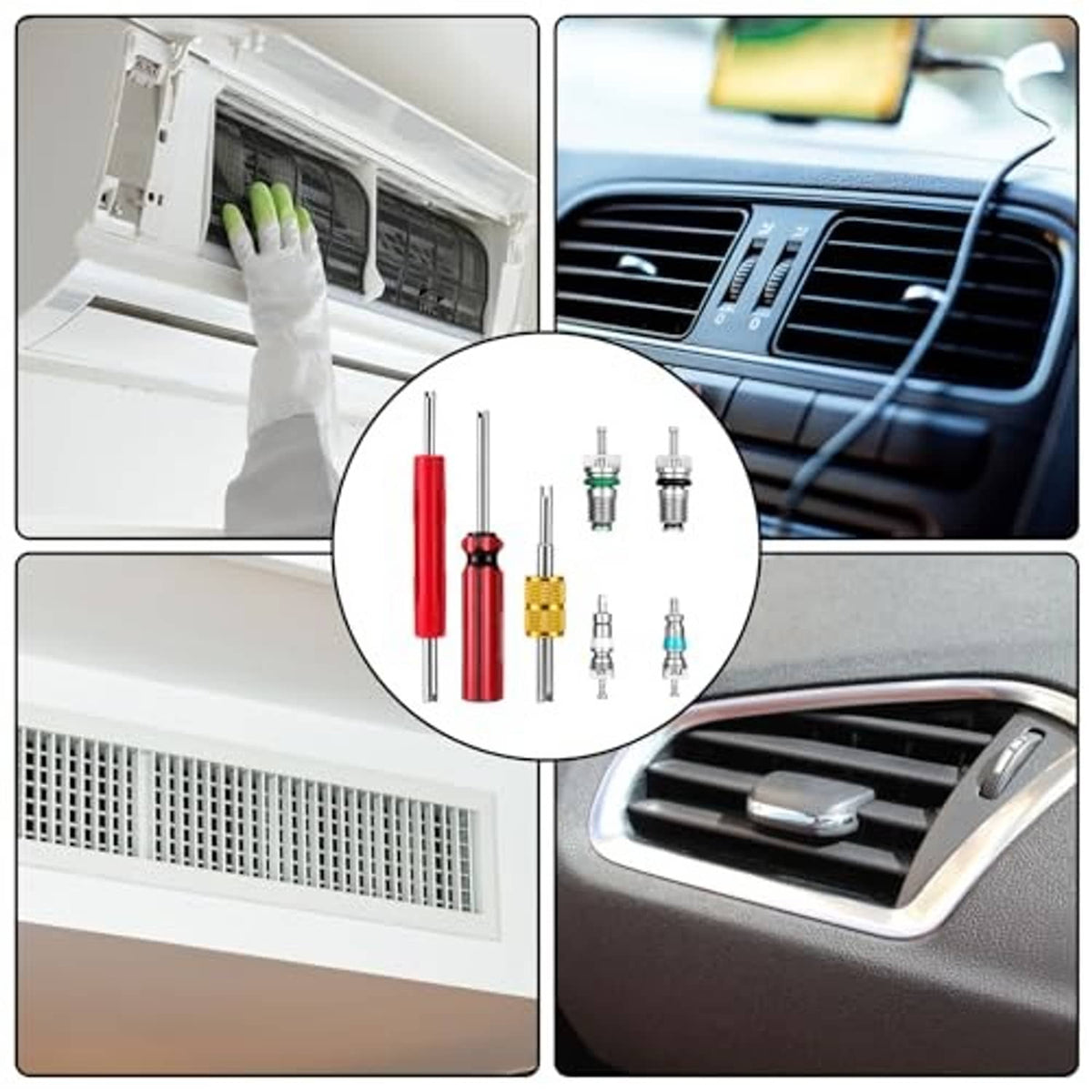 Air conditioning valve core kit with red-and-gold core remover and small valve cores