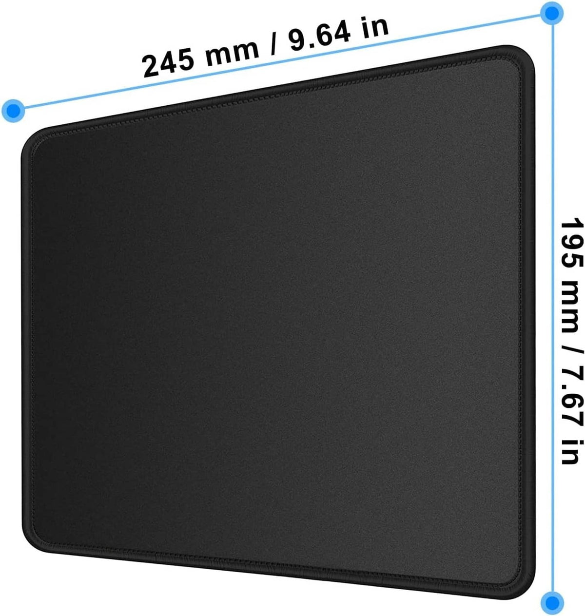 Black rectangular mouse pad, smooth surface, rounded edges