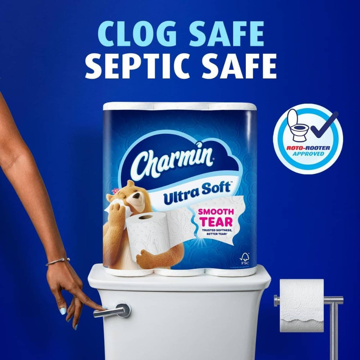 Charmin Ultra Soft toilet paper next to toilet, Clog Safe septic safe badge
