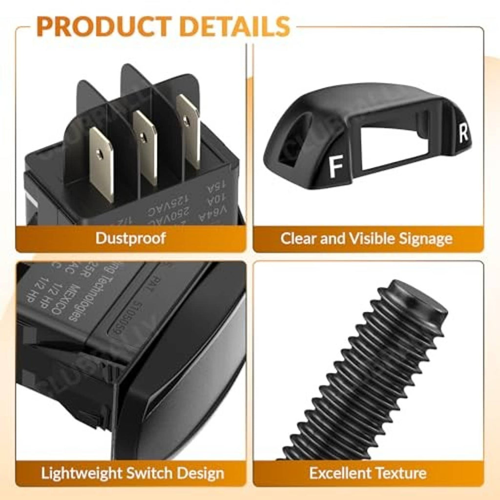 Black F/R rocker switch housing with clear window, molded grip, and metal terminals