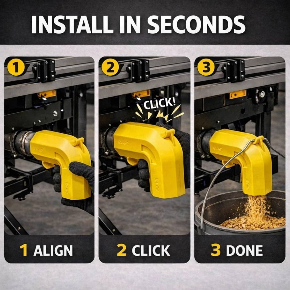 Yellow dual-port dust adapter during quick installation on table saw