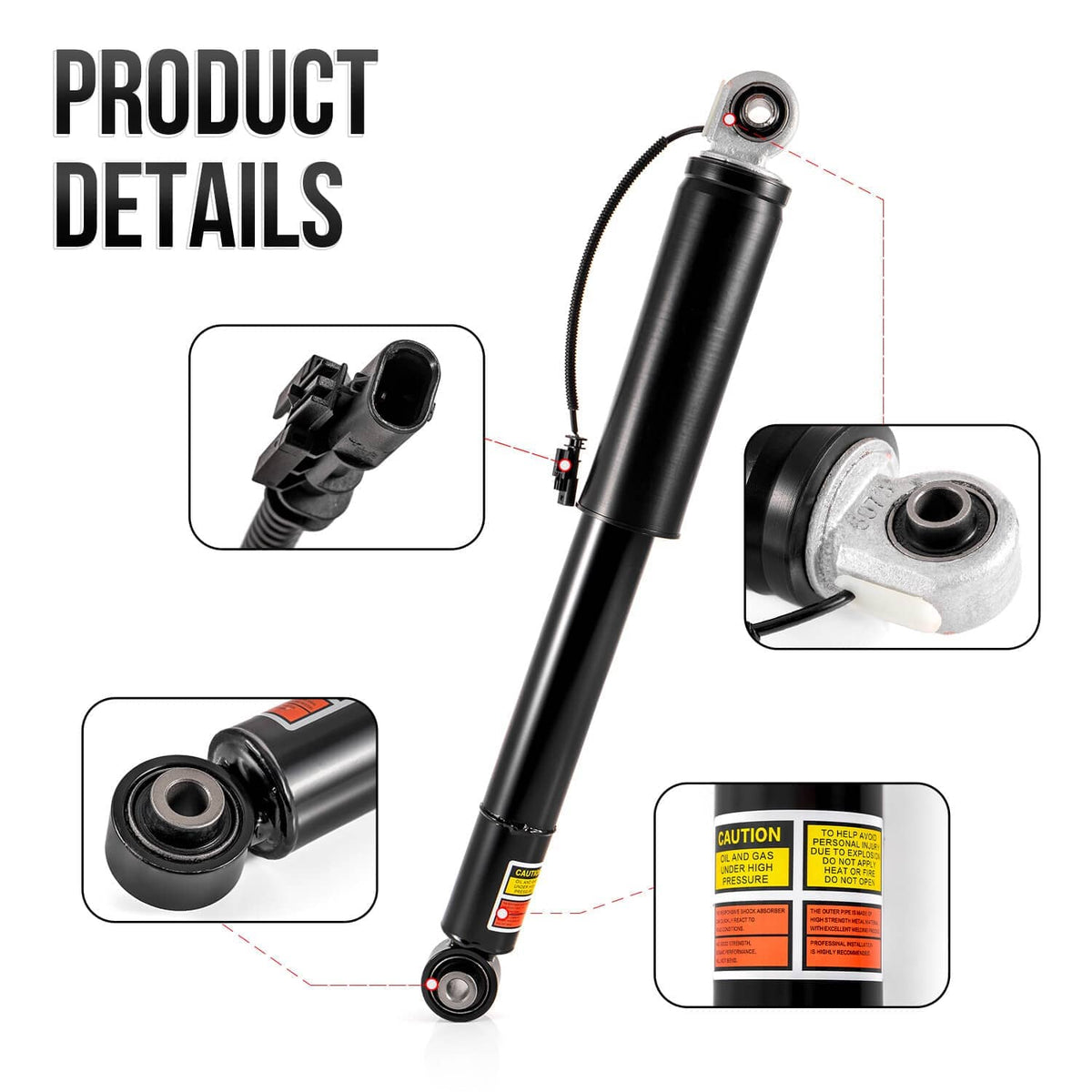 Black rear shock strut pair with wiring harness and visible caution label