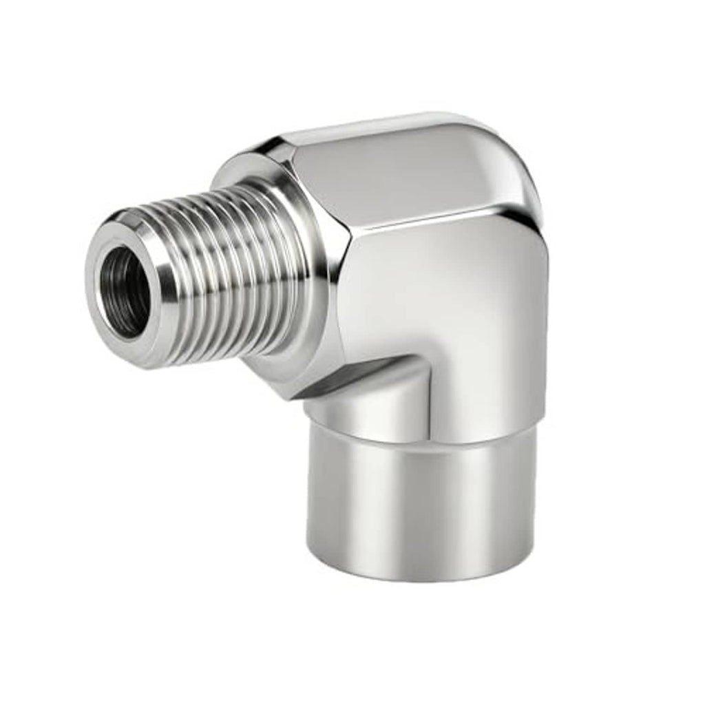 90° stainless steel elbow with external male threads and angled body
