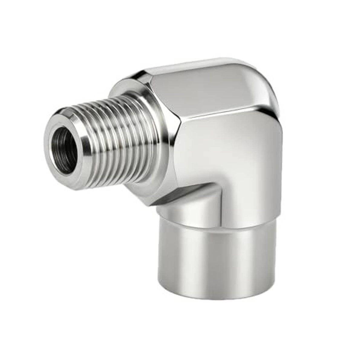 90° stainless steel elbow with external male threads and angled body
