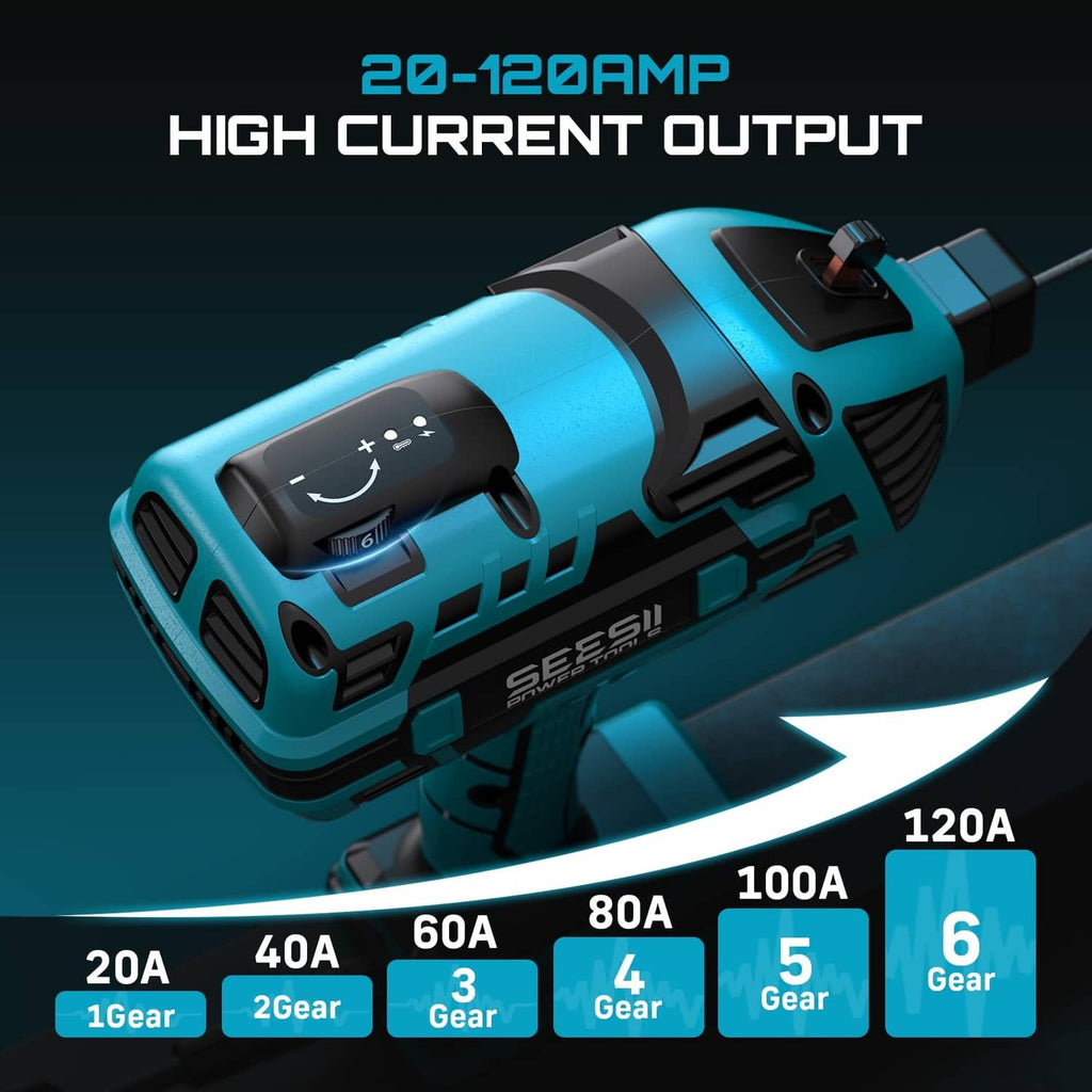 Portable blue SEESII inverter welder with 20A–120A high current output