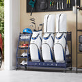 Lauren&Harold blue wheeled golf bag organizer rack with three white/blue golf bags