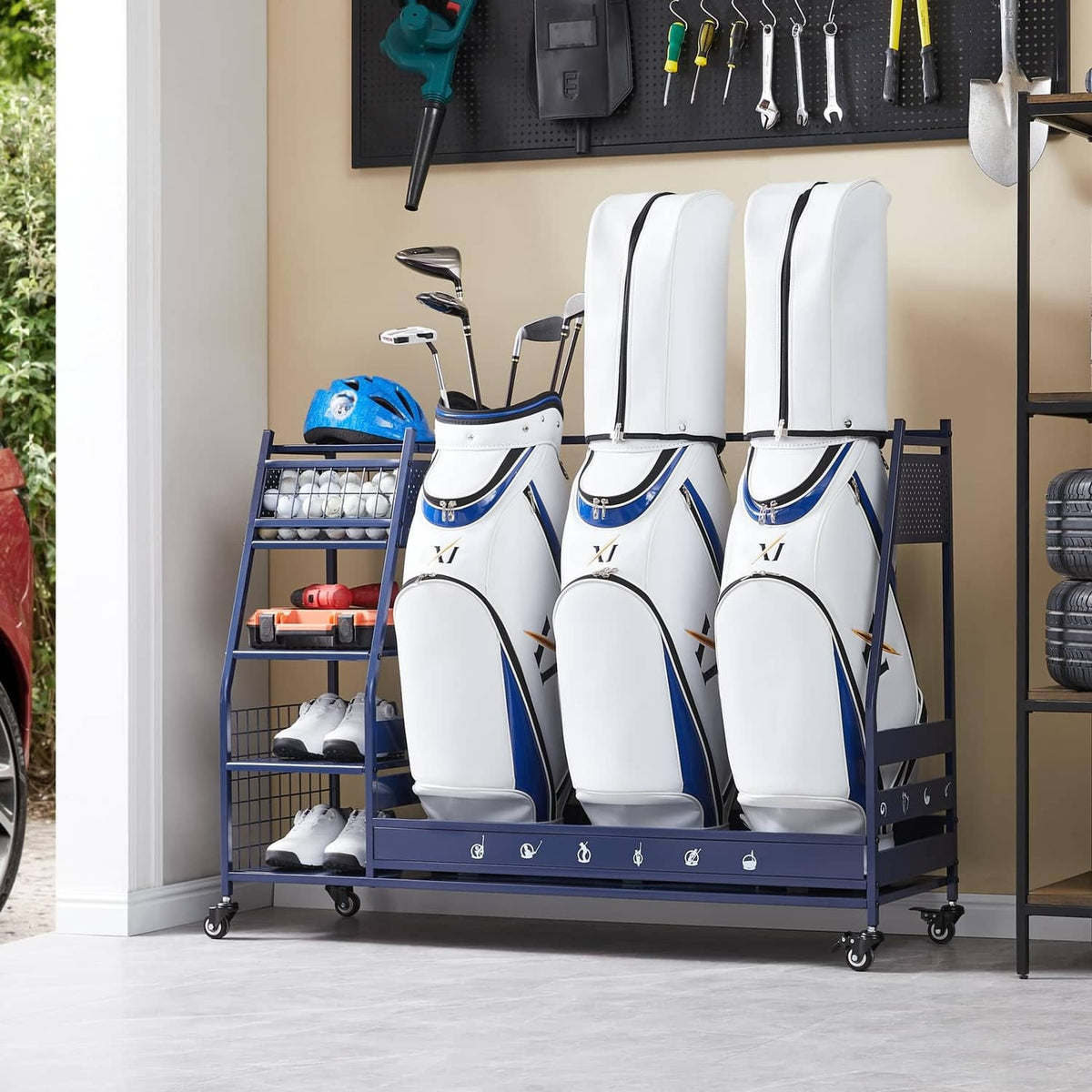 Lauren&Harold blue wheeled golf bag organizer rack with three white/blue golf bags