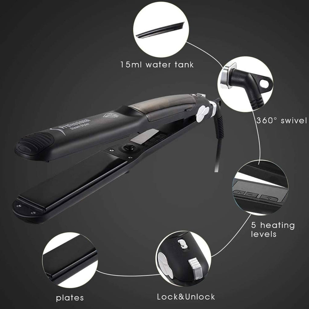 Black steam hair straightener with 15 ml water tank and swivel cord