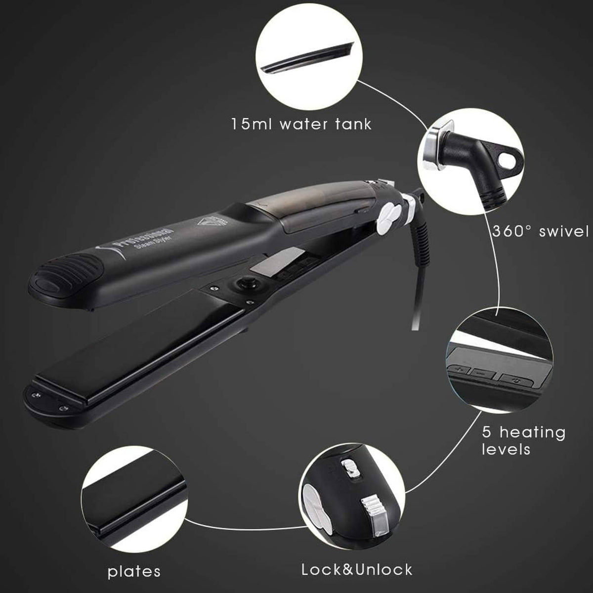 Black steam hair straightener with 15 ml water tank and swivel cord