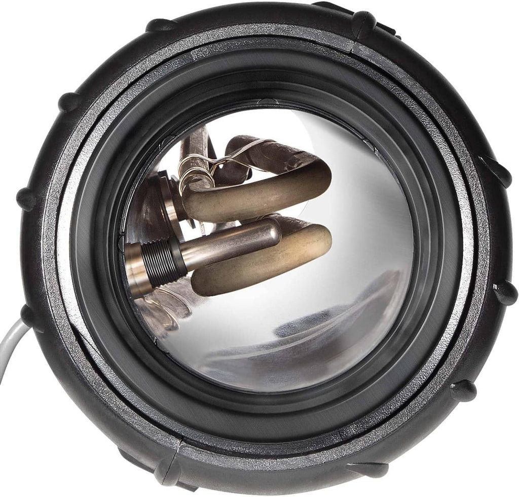 Spa heater assembly inside view with metal heating element and black gasket