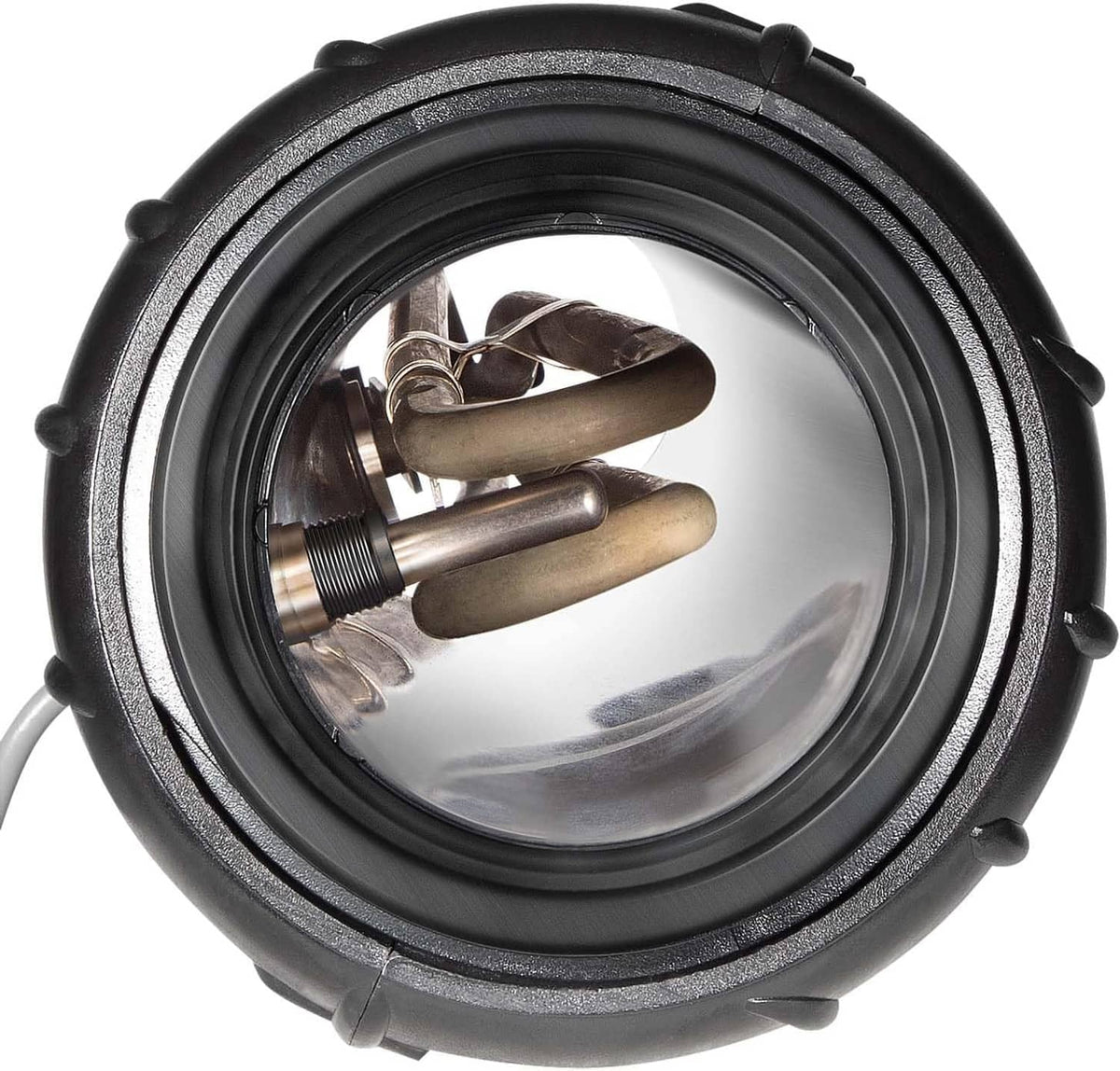 Spa heater assembly inside view with metal heating element and black gasket